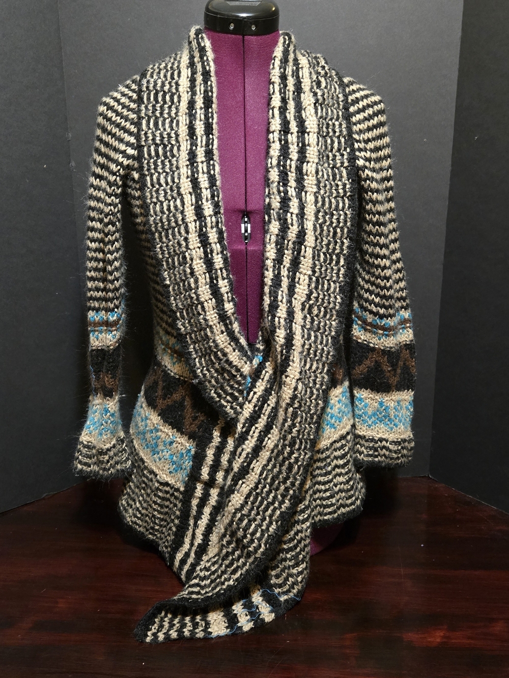 Pink Republic Shawl Collar Knit Cardigan in Black, Cream & Turquoise Accents Sm